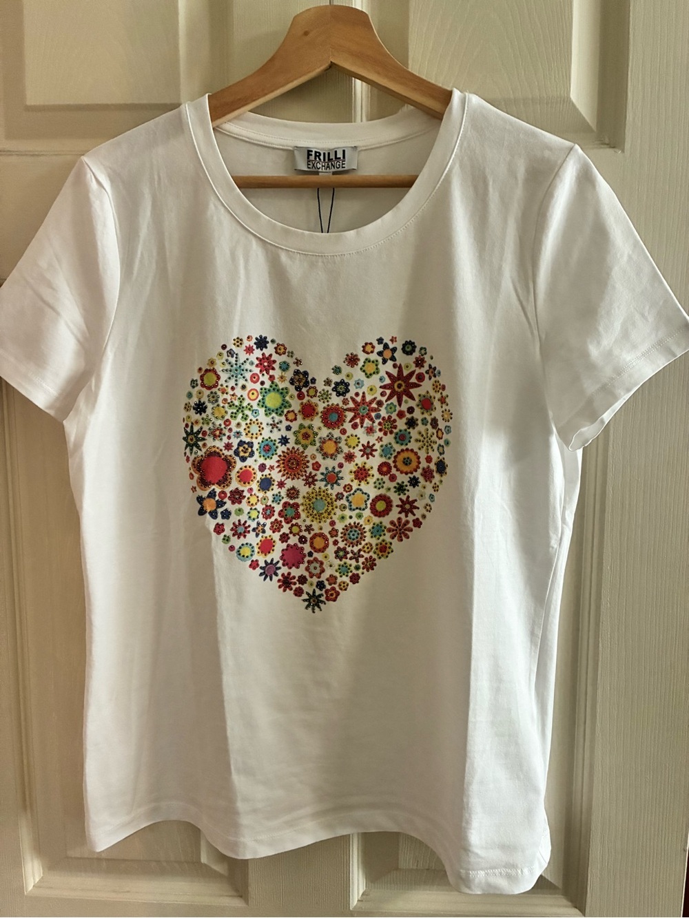 Womens White Tee with Multicolor Heart Pattern- NWT